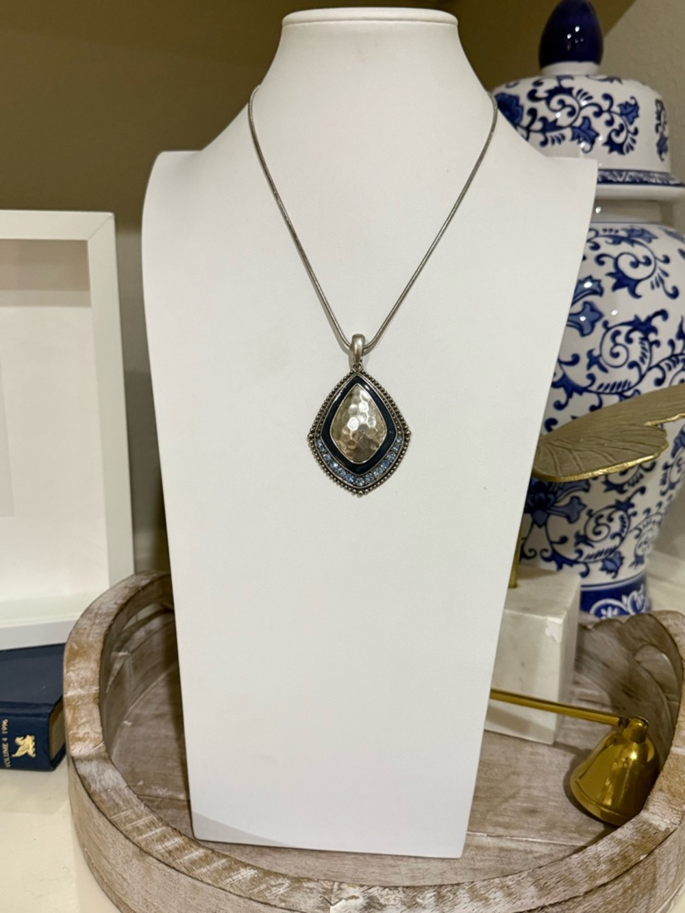 Premier Designs Hammered Pendant Blue and Silver Toned Necklace